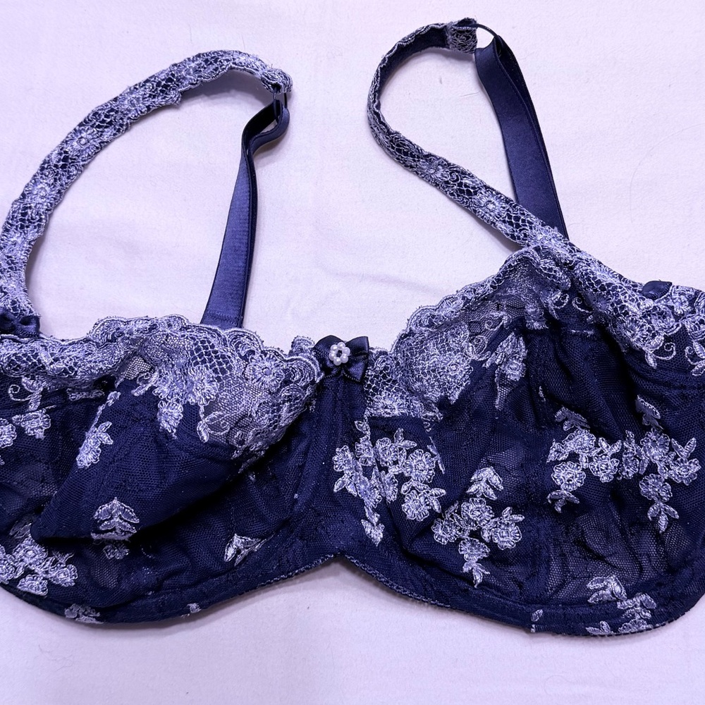 Preowned Felina Elegant Lace Underwire Bra Blue Grey Metallic Accent Sz 40C